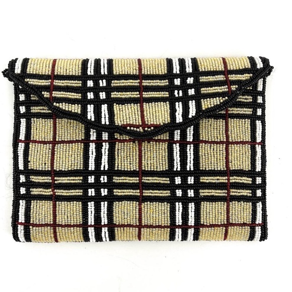 Elevated Beaded Modern Envelope Design Nova Check Plaid Pattern Evening Bag